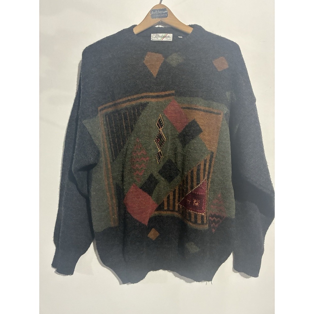 VTG 80s Modango Brown Geometric Design Sweater Wool Mens XL